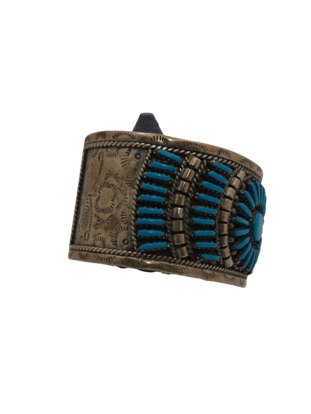 Vintage Zuni Petit Point Sterling Silver Cuff Bracelet Turquoise & Engraved 50g - Picture 7 of 11
